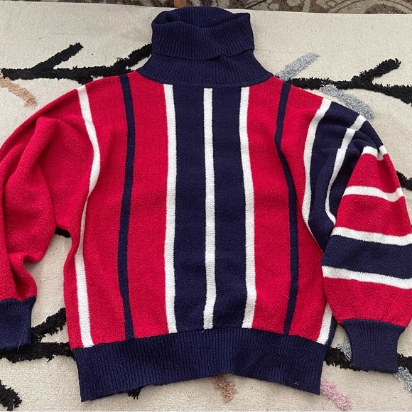 Vintage Sweater Striped Turtleneck Cowl Neck L Red White Blue - Picture 2 of 16